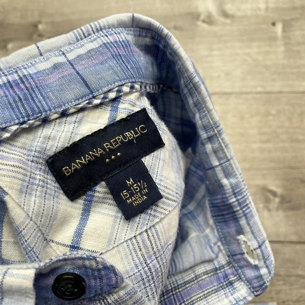 Banana Republic Shirt Mens‎ Medium Blue Plaid Linen Long Sleeve Button Up Casual